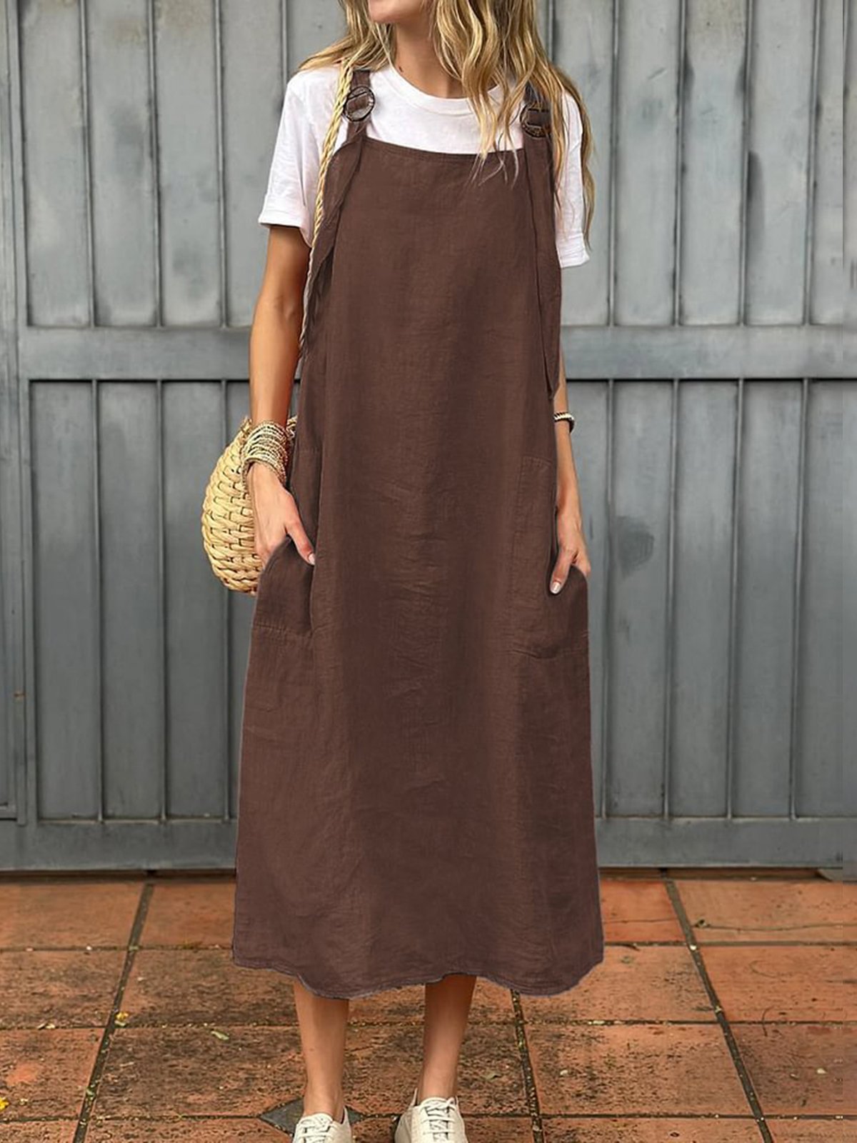 Women Plain Summer Dress Spaghetti Gallus Slip Dress H-Line Dress