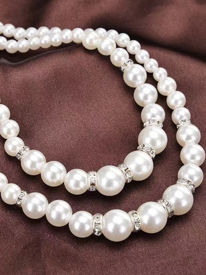 Fashion Imitation Pearl Beaded Necklace Temperament Diamond Double Layer Pearl Sweater Long Chain Necklace