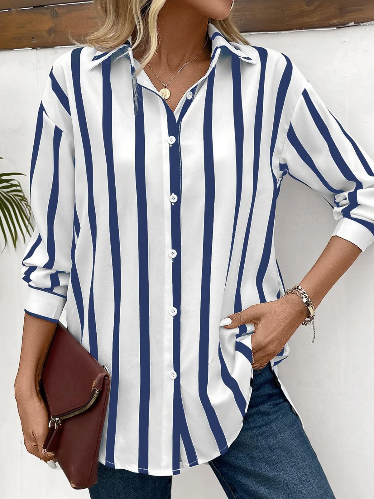 Shirt Collar Long Sleeve Striped Regular Loose Shirt For Women