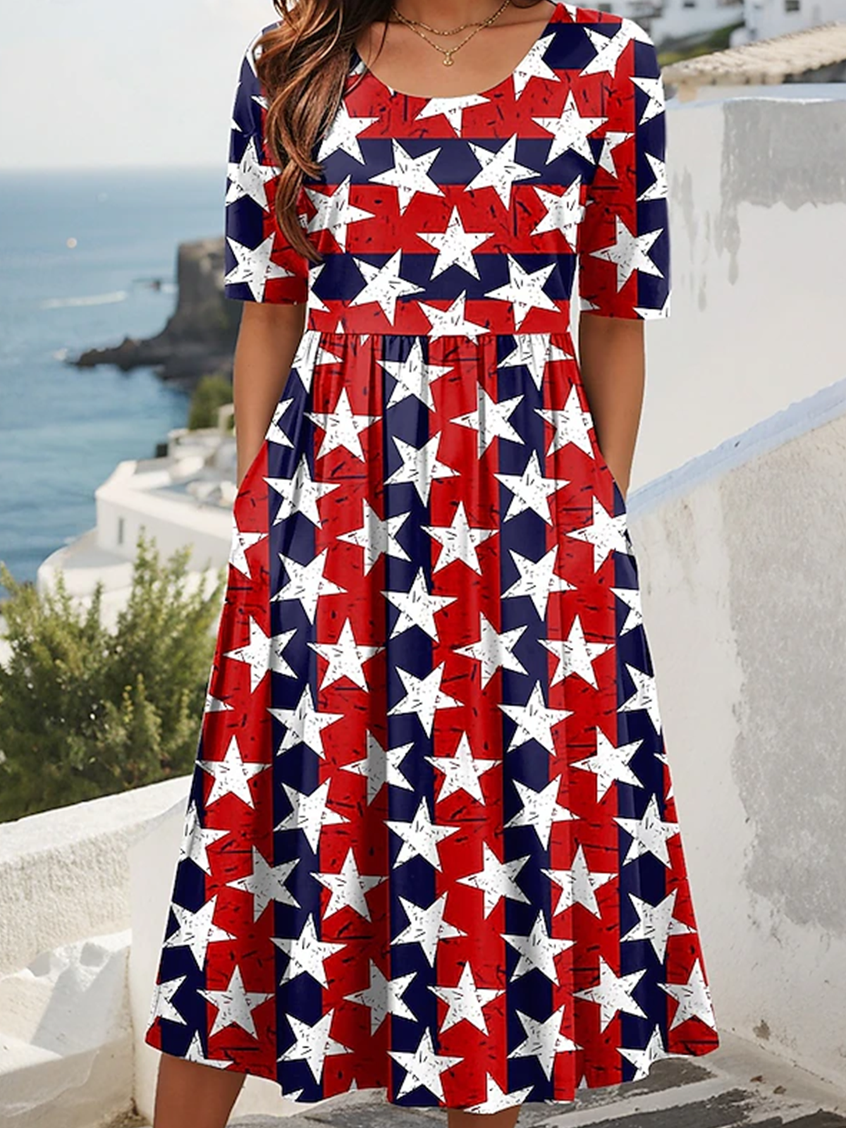 Women Star Summer Dress Crew Neck Short Sleeve A-Line Dress