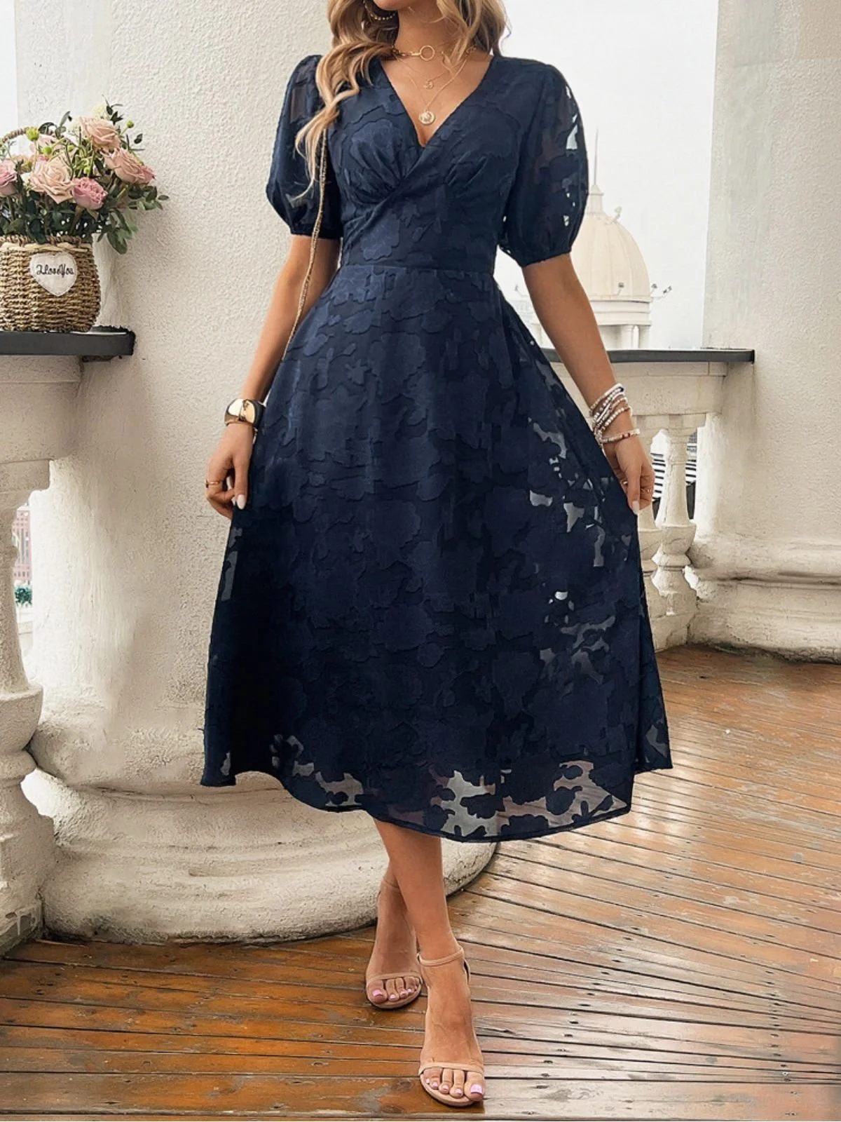 Women Elegant Floral Summer Dress V Neck Short Sleeve A-Line Dress