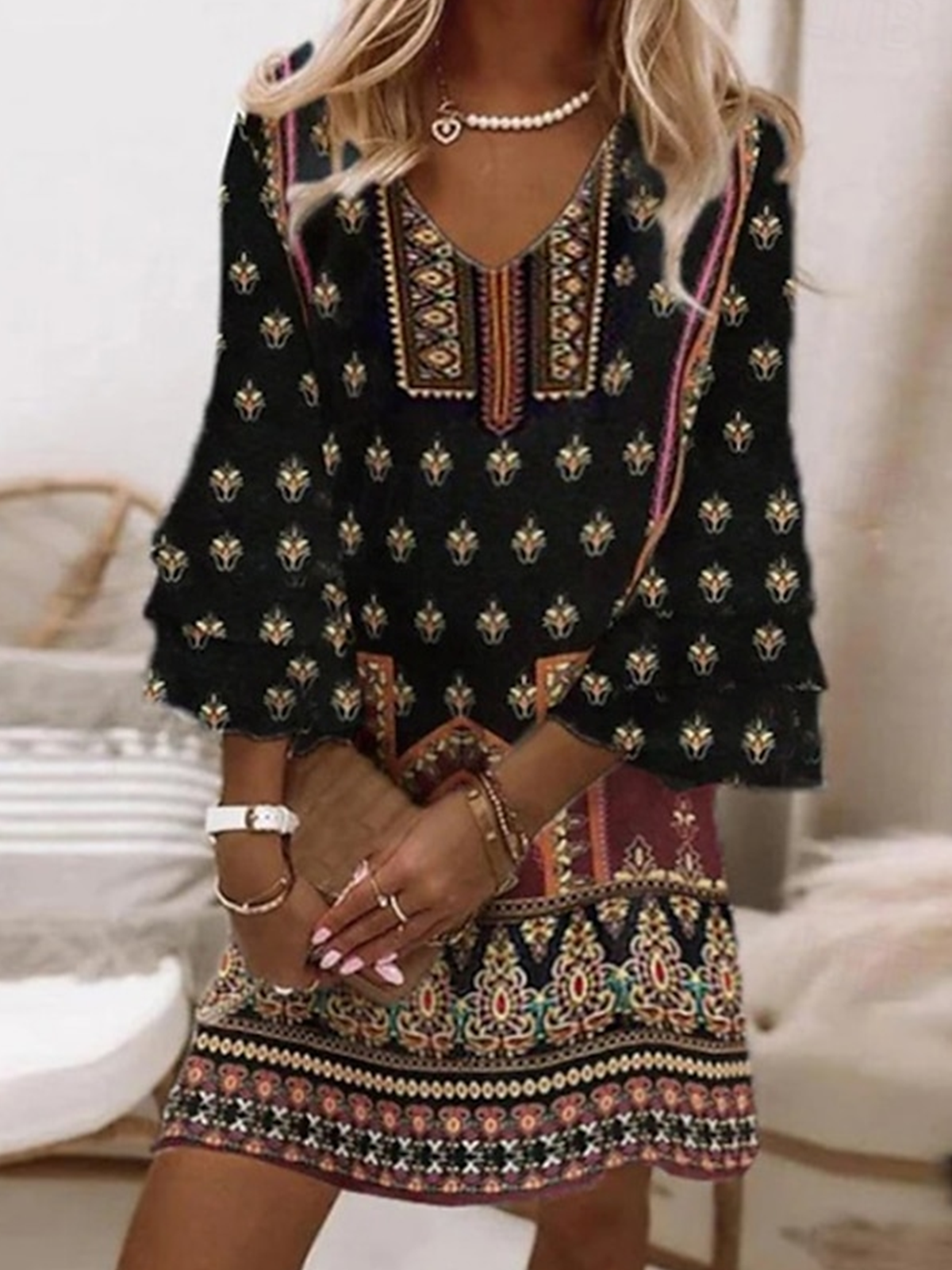 Women Ethnic Summer Dress V Neck Half Sleeve Beach Dress H-Line Dress