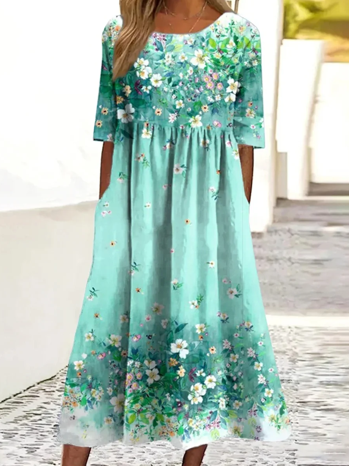 Women Floral Summer Dress Crew Neck Short Sleeve A-Line Dress