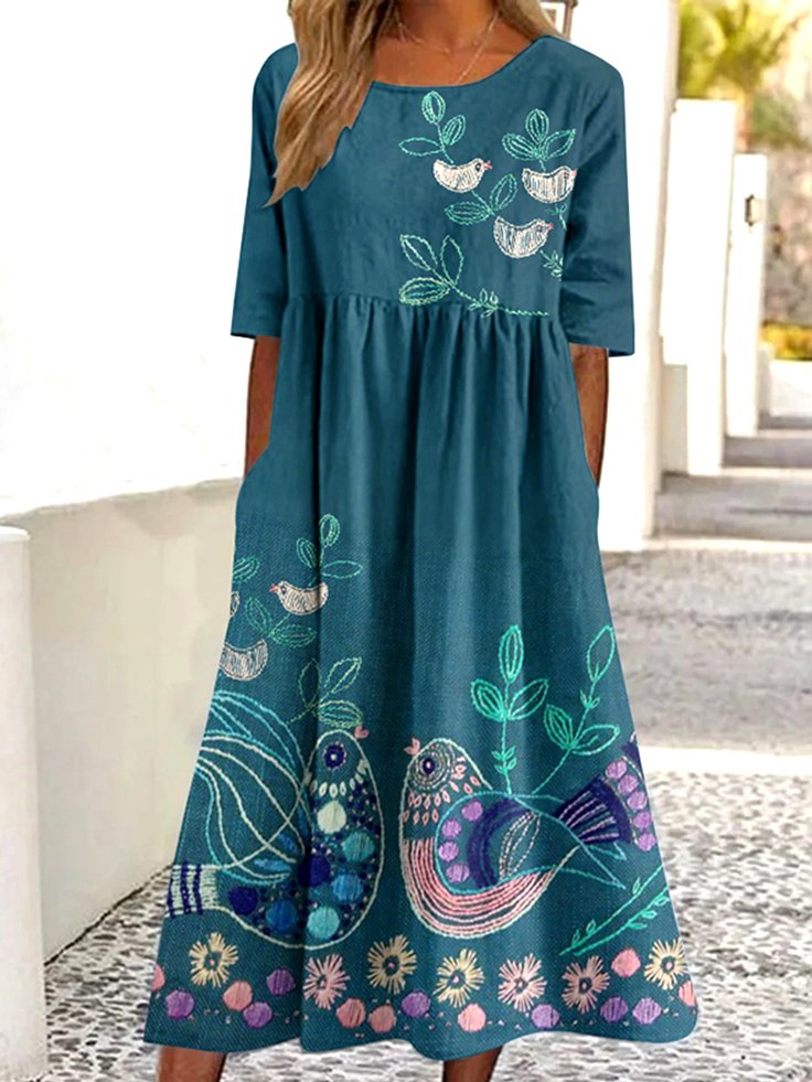 Women Floral Summer Dress Crew Neck Short Sleeve A-Line Dress