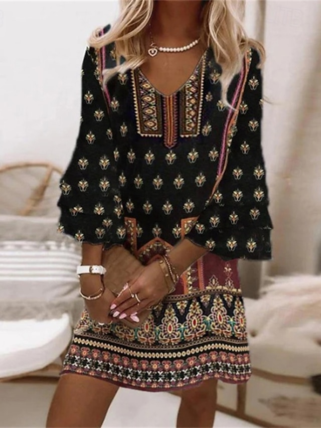 Women Ethnic Summer Dress V Neck Half Sleeve Beach Dress H-Line Dress