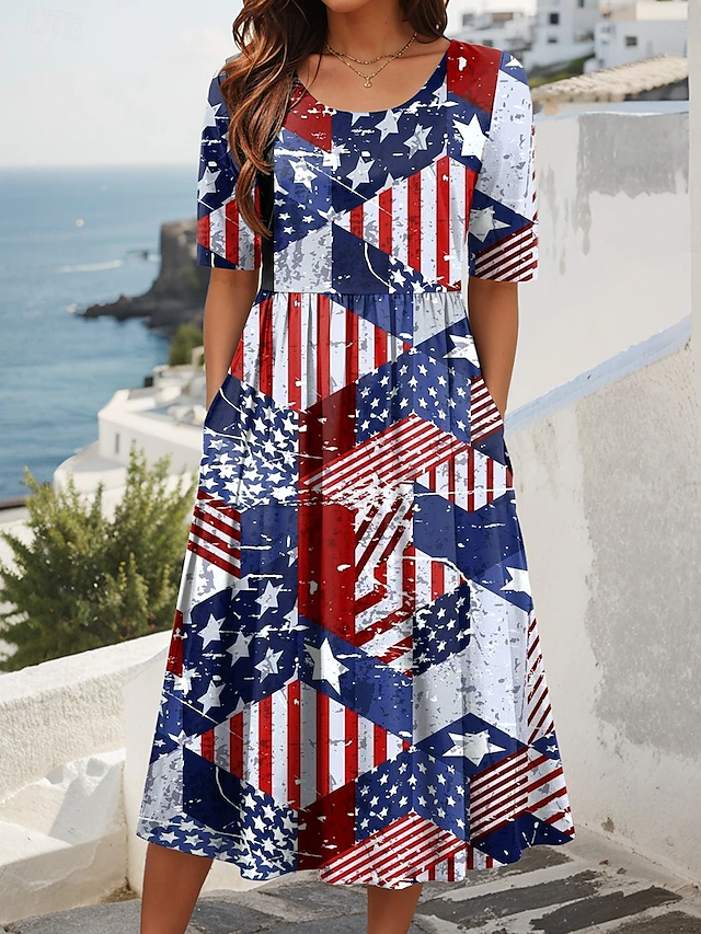 Women America Flag Summer Dress Crew Neck Short Sleeve A-Line Dress