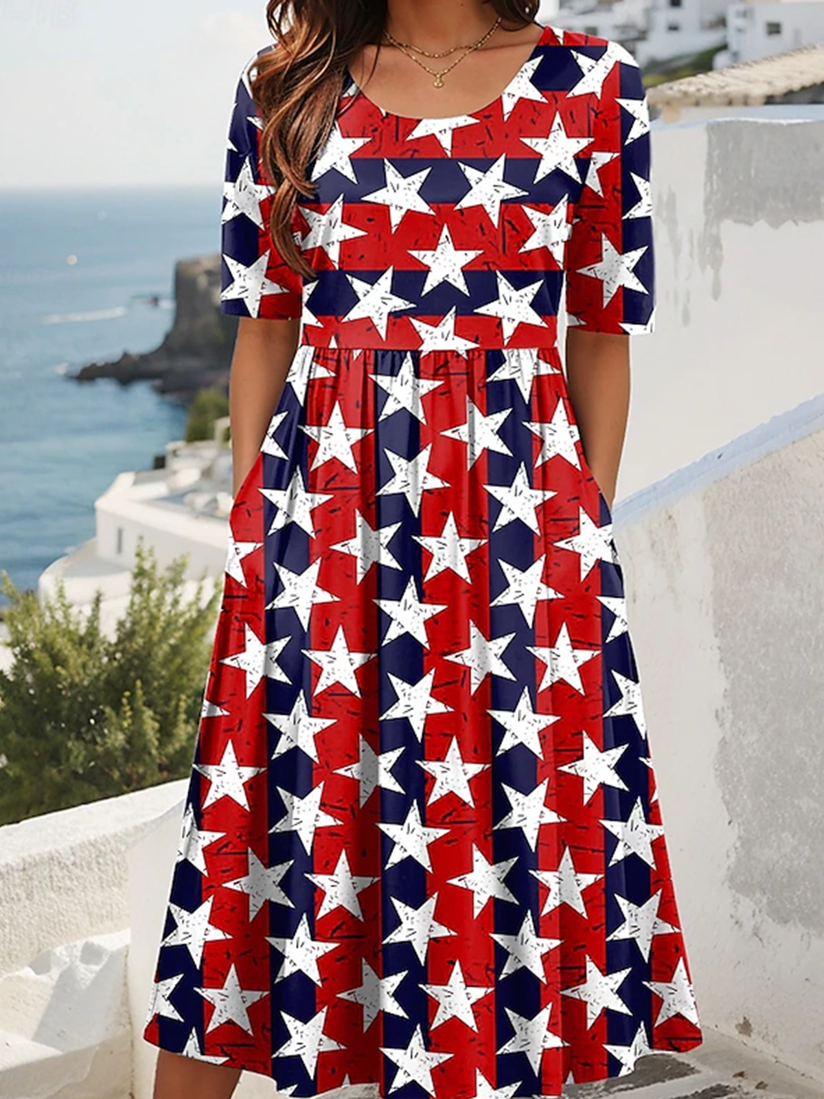 Women Star Summer Dress Crew Neck Short Sleeve A-Line Dress