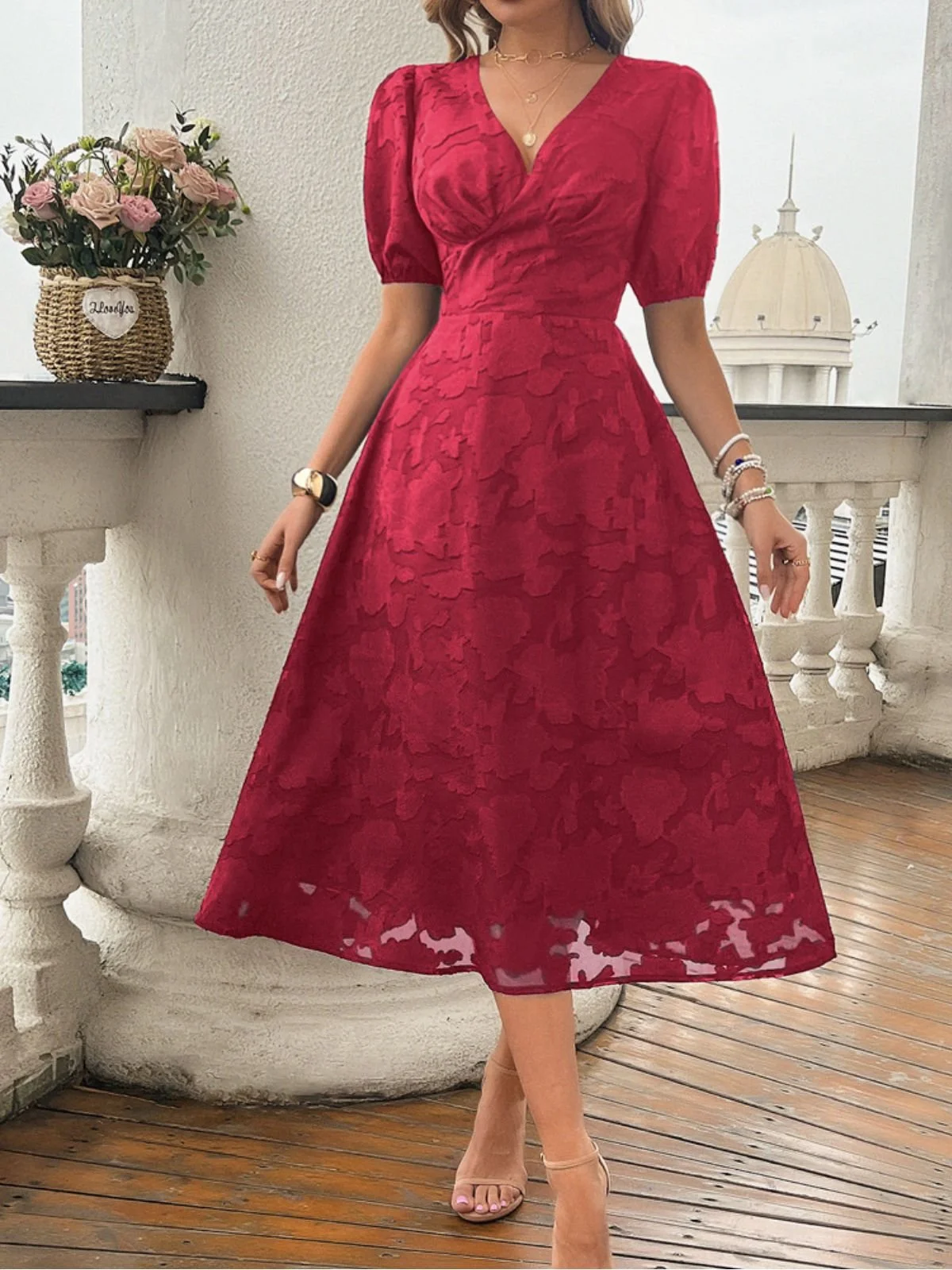 Women Elegant Floral Summer Dress V Neck Short Sleeve A-Line Dress