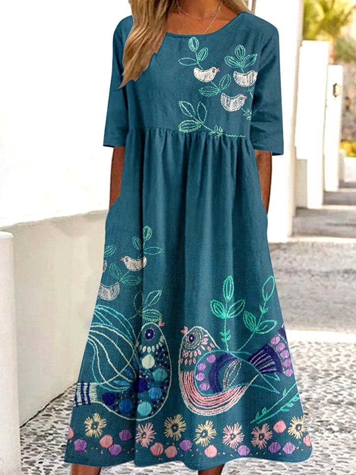 Women Floral Summer Dress Crew Neck Short Sleeve A-Line Dress