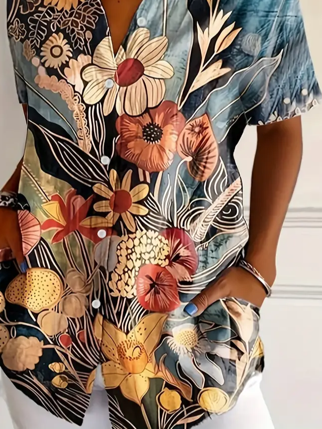 Casual Short Sleeve Floral Printing Loose Button Up Shirt For Women