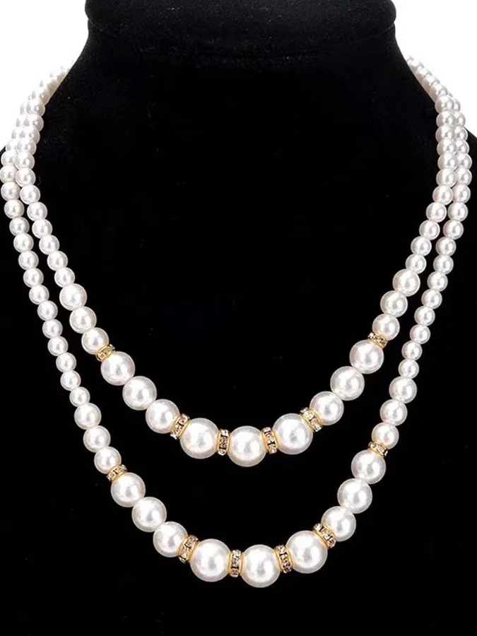 Fashion Imitation Pearl Beaded Necklace Temperament Diamond Double Layer Pearl Sweater Long Chain Necklace