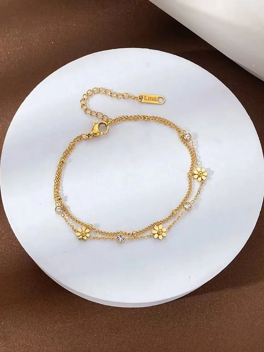 Small Daisy Titanium Steel Non-fading Bracelet Jewelry Flower Sweet Double-layer Bracelet Ins Personality Niche Titanium Steel Bracelet
