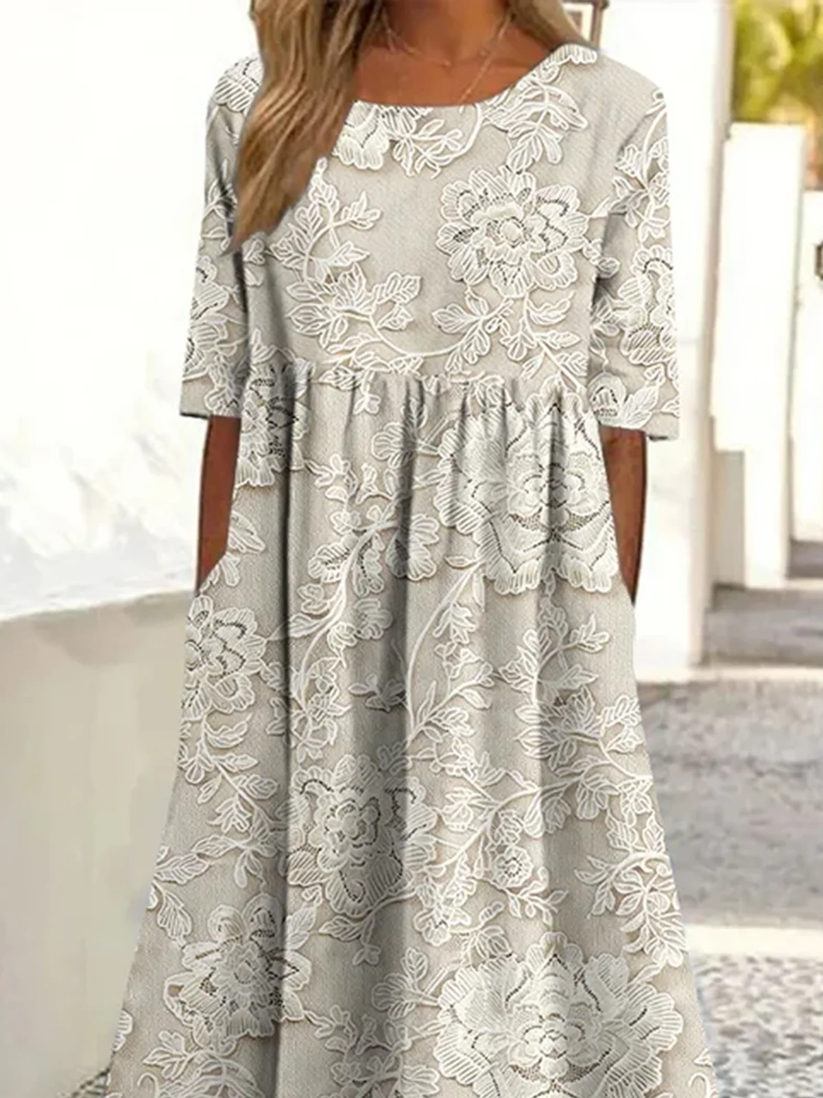 Women Floral Summer Dress Crew Neck Short Sleeve A-Line Dress