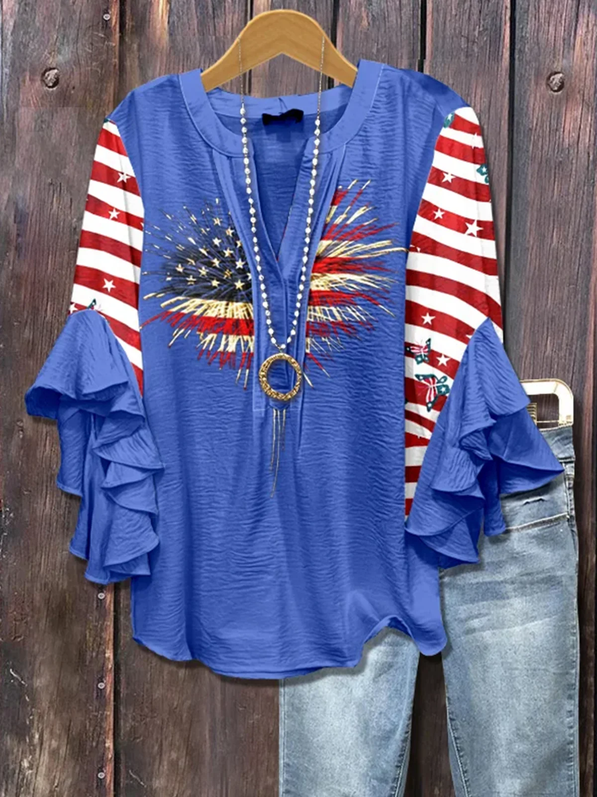 V Neck Half Sleeve America Flag Regular Micro-Elasticity Regular Fit Blouse For Women