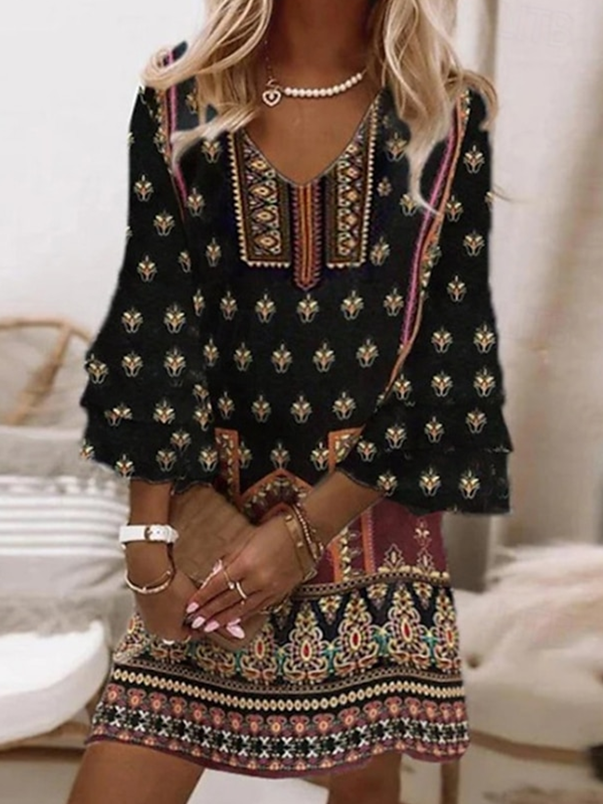 Women Ethnic Summer Dress V Neck Half Sleeve Beach Dress H-Line Dress