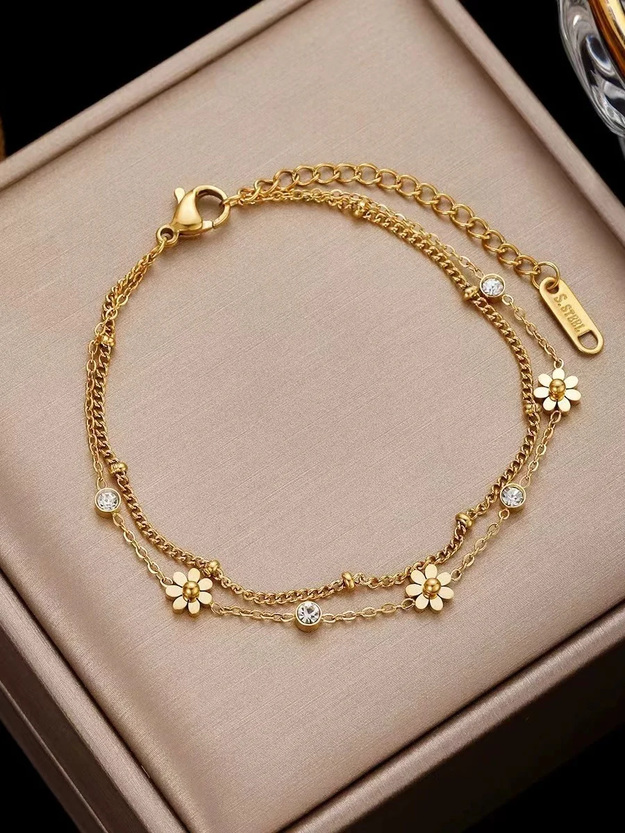 Small Daisy Titanium Steel Non-fading Bracelet Jewelry Flower Sweet Double-layer Bracelet Ins Personality Niche Titanium Steel Bracelet