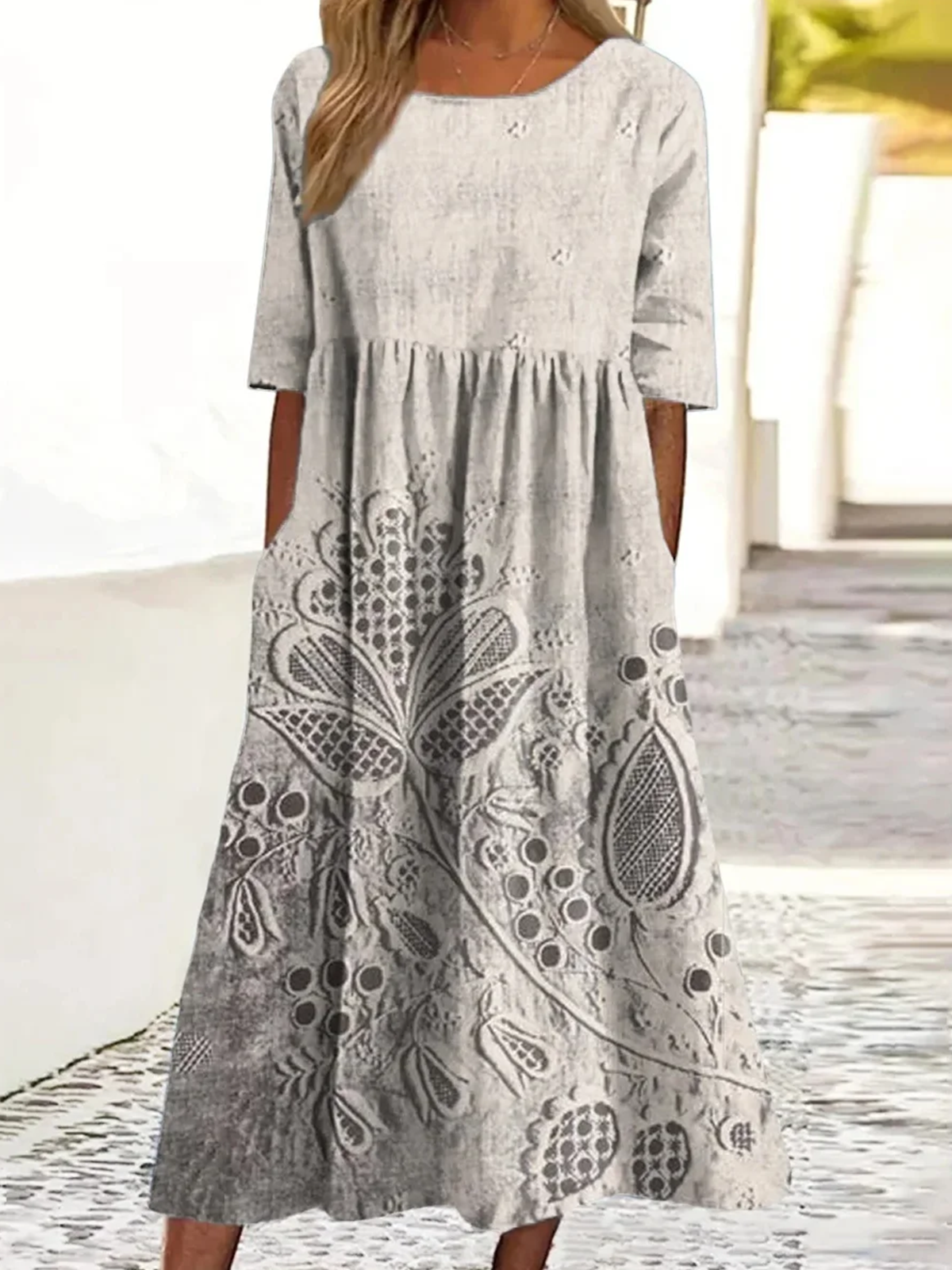 Women Floral Summer Dress Crew Neck Short Sleeve A-Line Dress