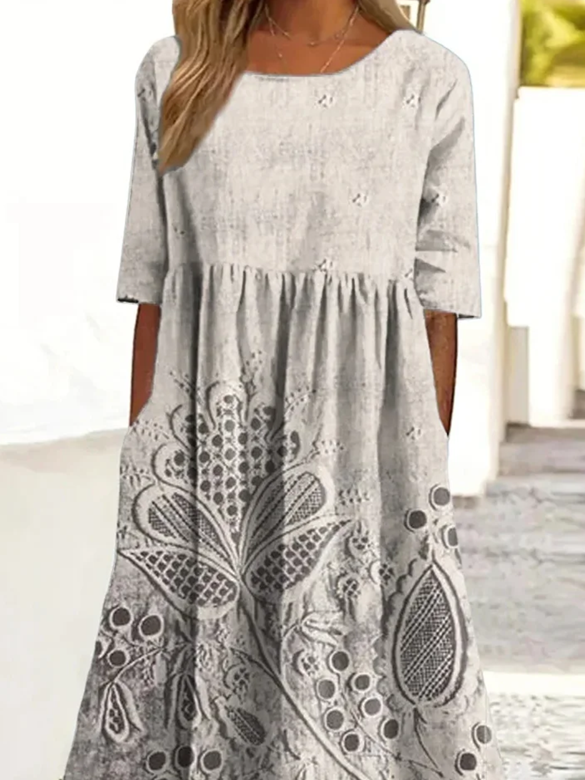 Women Floral Summer Dress Crew Neck Short Sleeve A-Line Dress