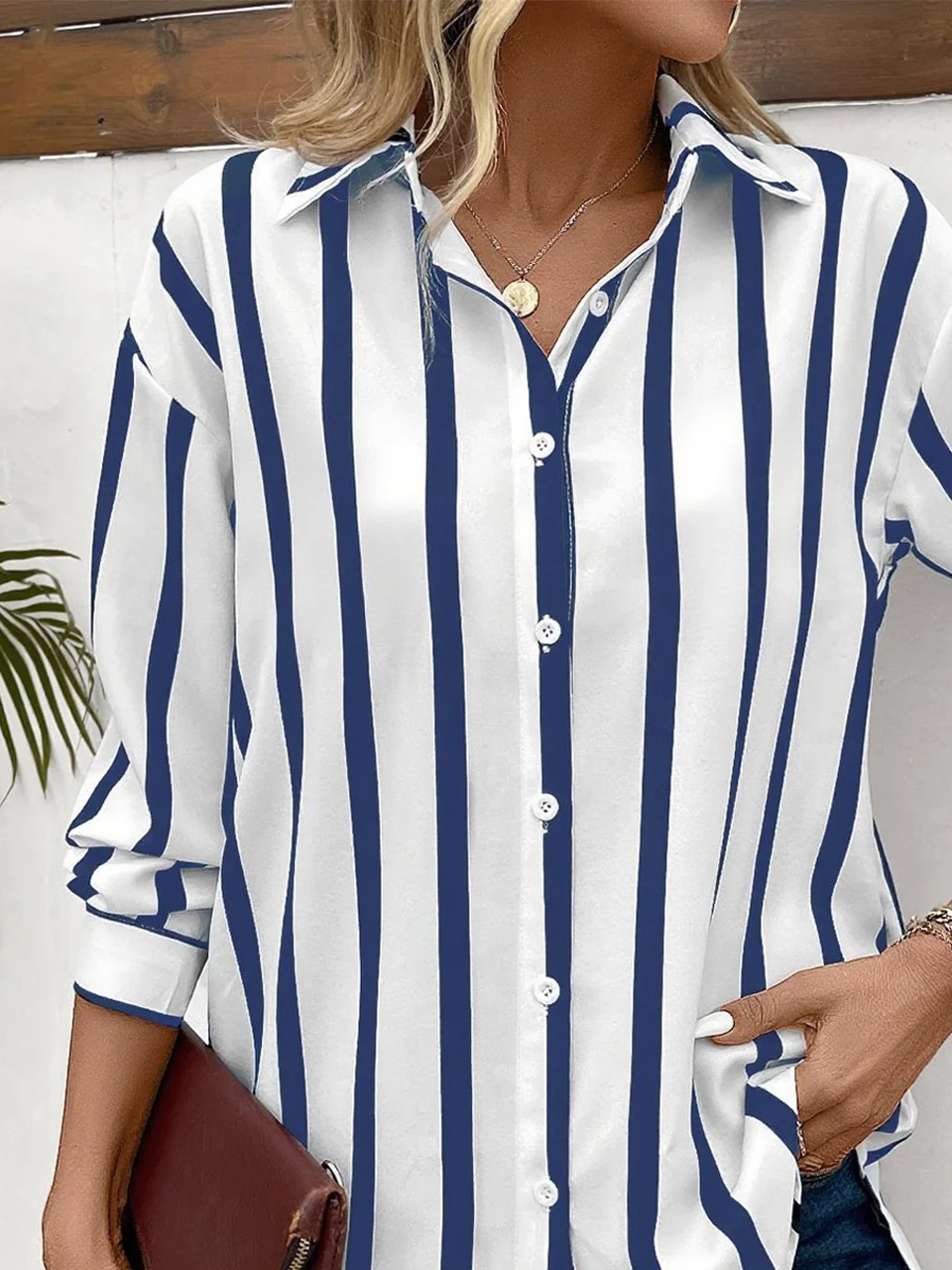 Shirt Collar Long Sleeve Striped Regular Loose Shirt For Women
