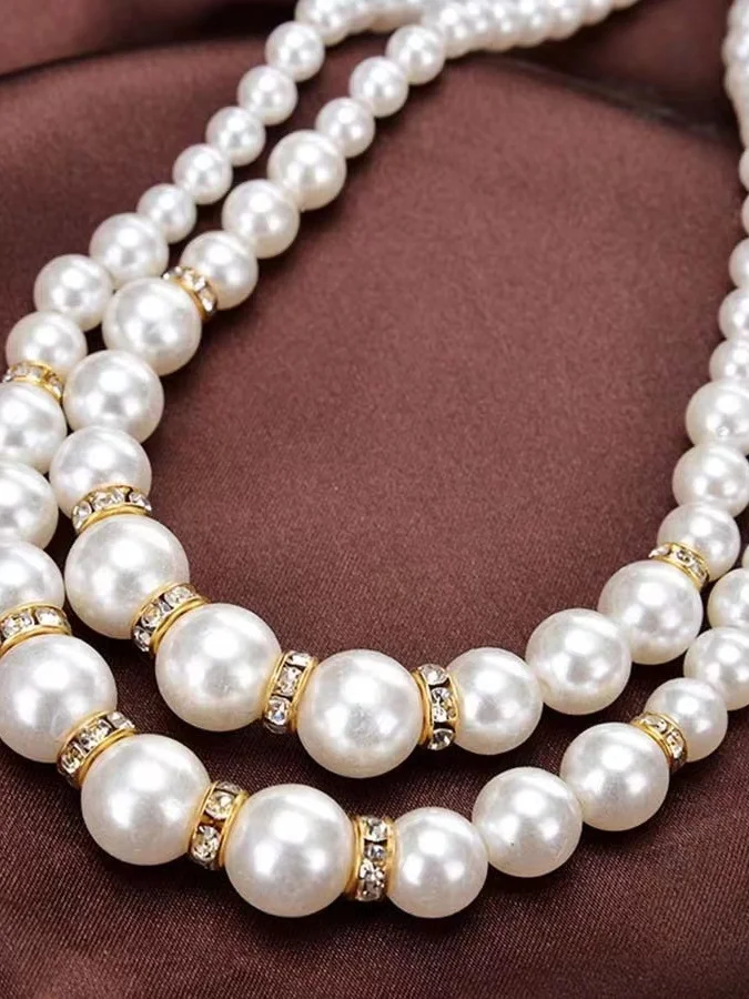 Fashion Imitation Pearl Beaded Necklace Temperament Diamond Double Layer Pearl Sweater Long Chain Necklace