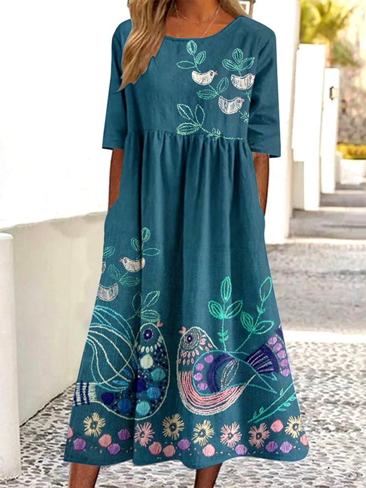 Women Floral Summer Dress Crew Neck Short Sleeve A-Line Dress