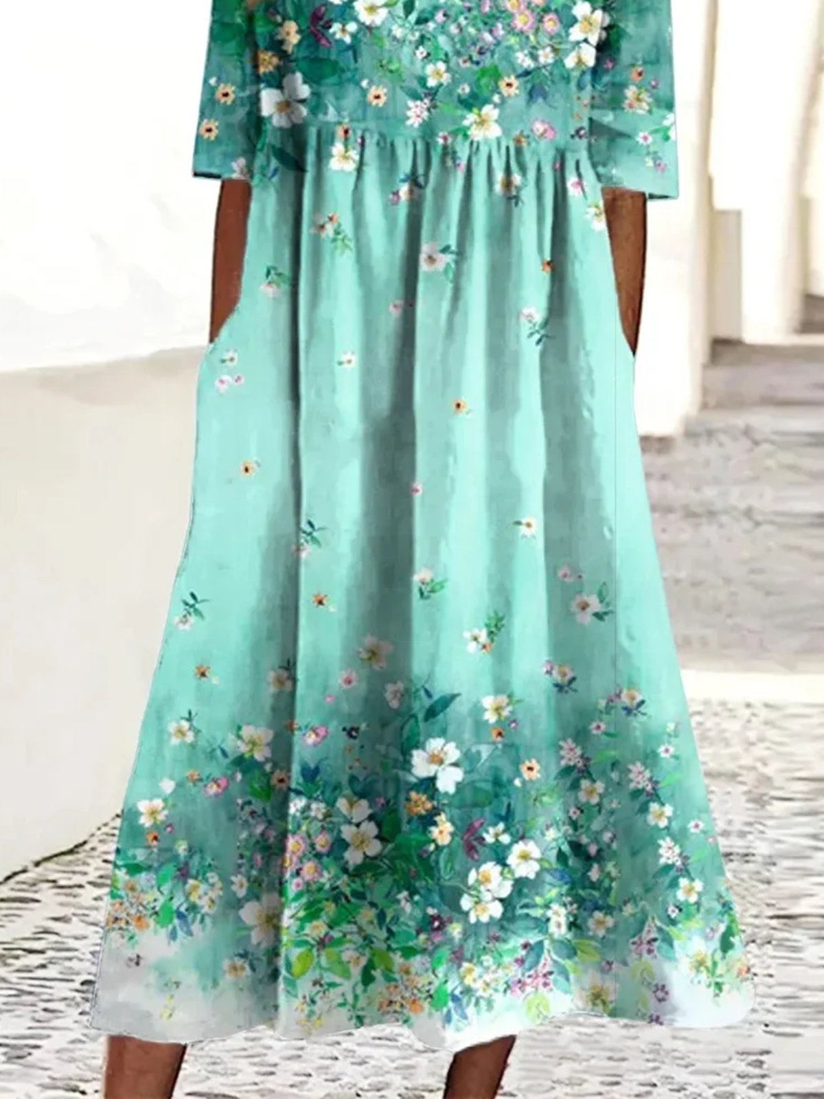 Women Floral Summer Dress Crew Neck Short Sleeve A-Line Dress