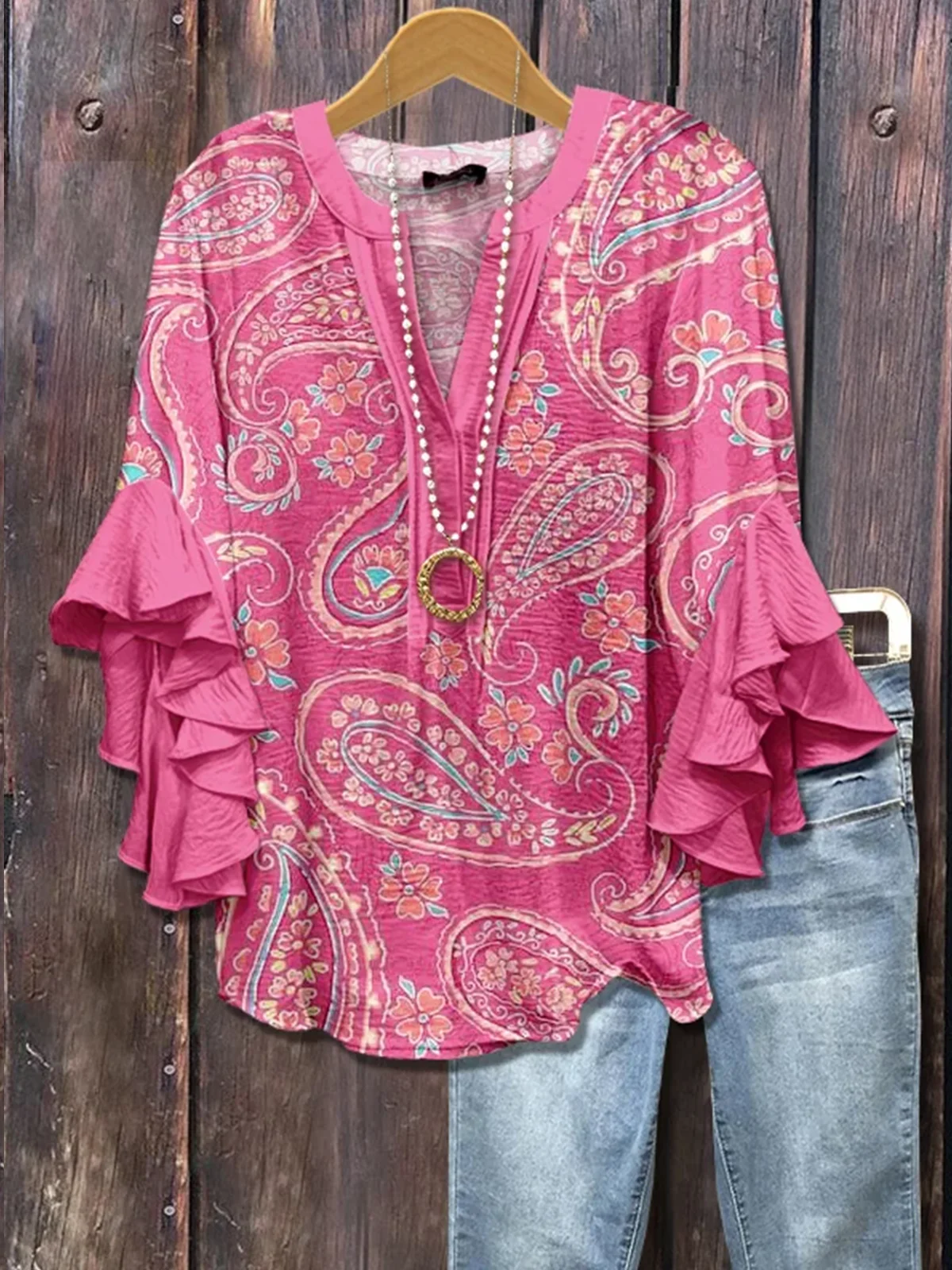 V Neck Half Sleeve Paisley Regular Micro-Elasticity Regular Fit Blouse For Women