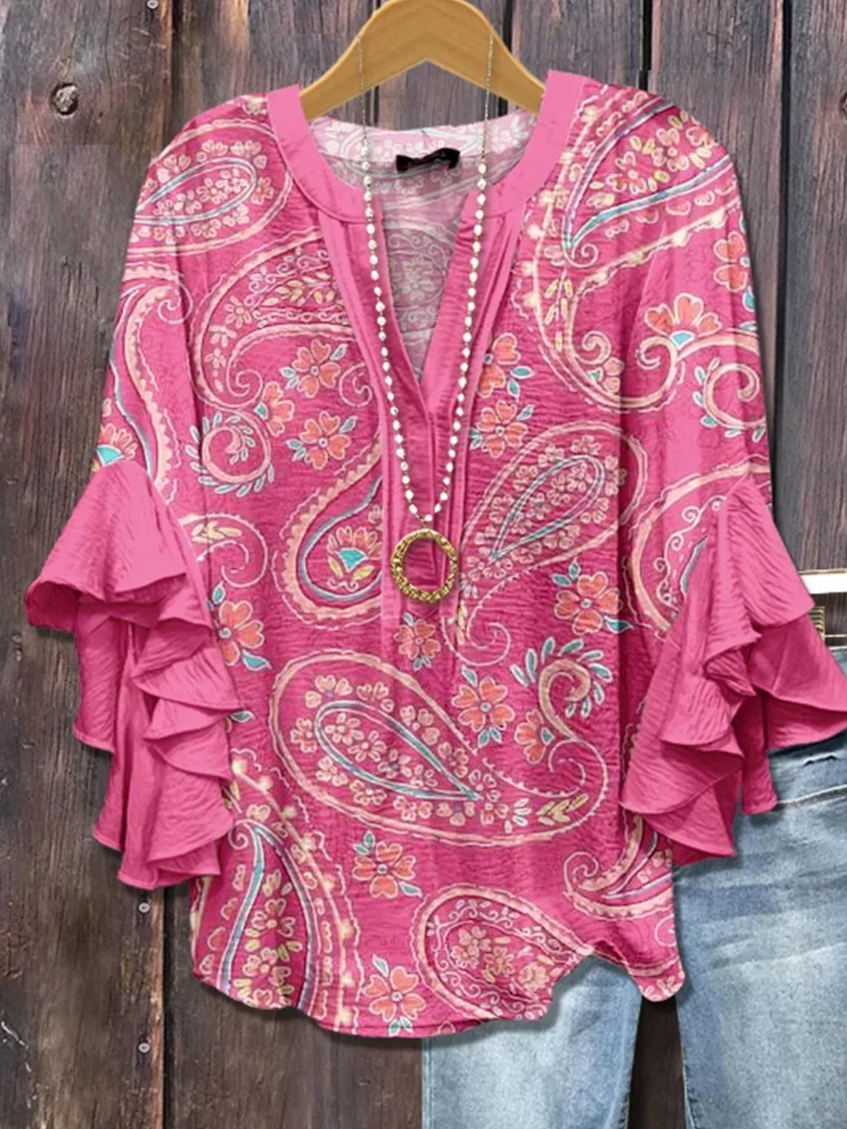 V Neck Half Sleeve Paisley Regular Micro-Elasticity Regular Fit Blouse For Women