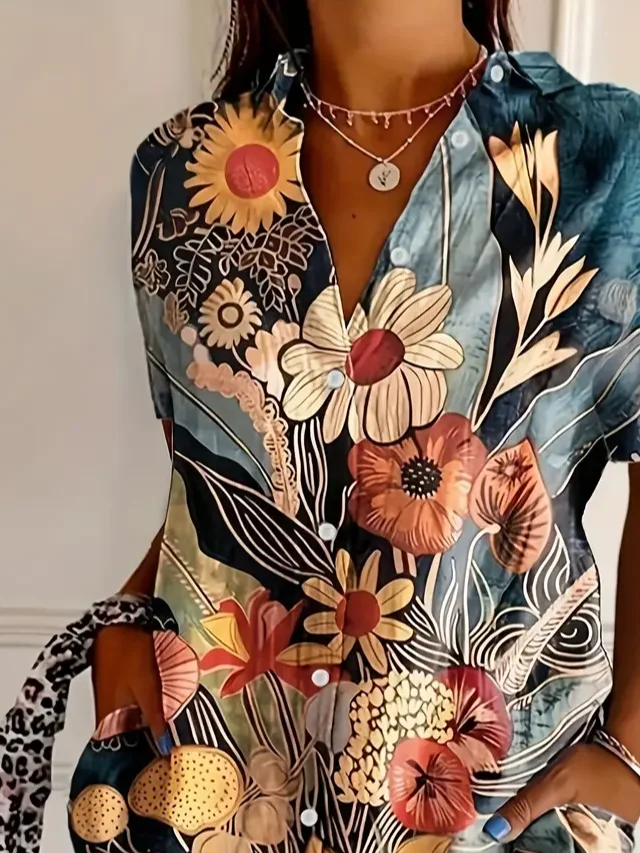 Casual Short Sleeve Floral Printing Loose Button Up Shirt For Women