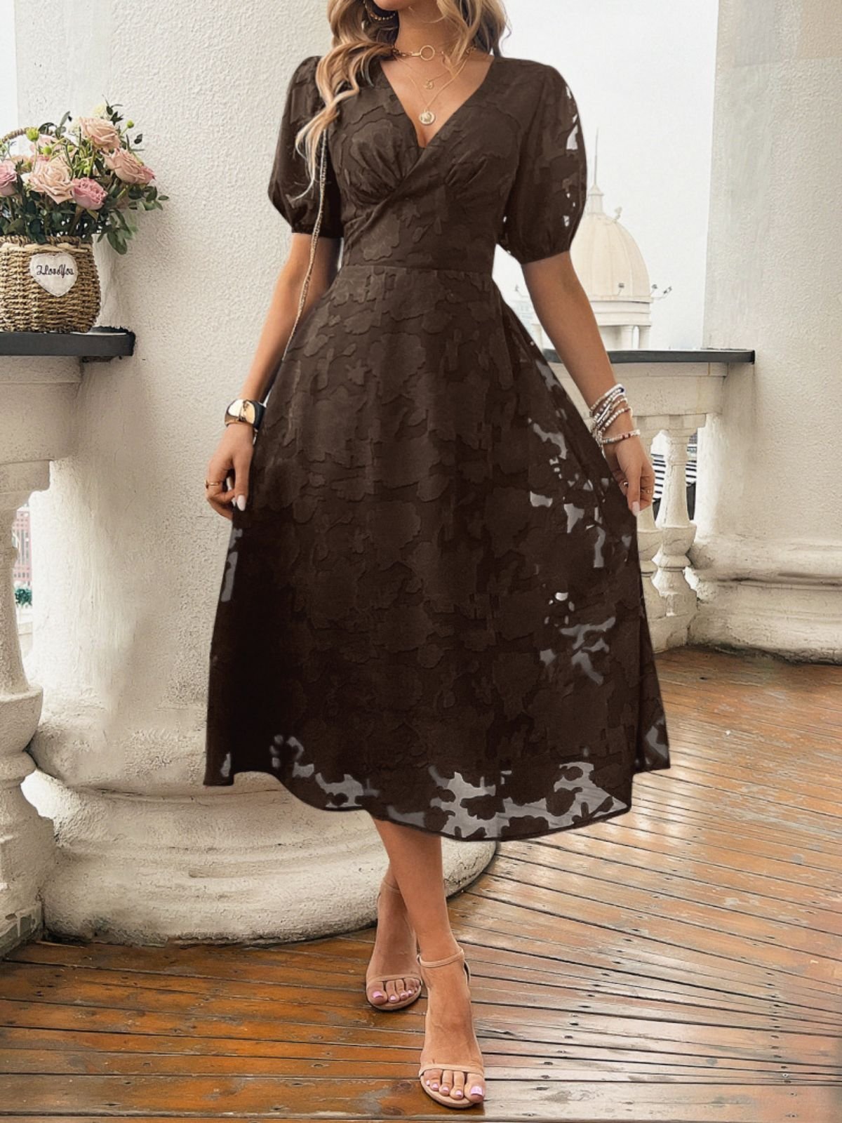 Women Elegant Floral Summer Dress V Neck Short Sleeve A-Line Dress