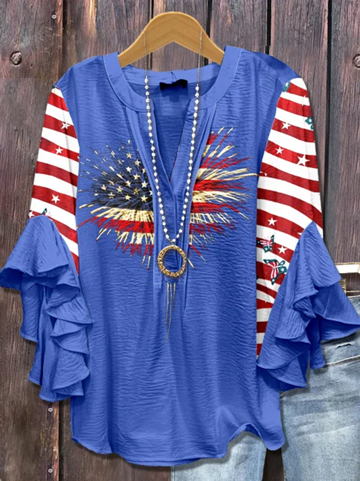 V Neck Half Sleeve America Flag Regular Micro-Elasticity Regular Fit Blouse For Women