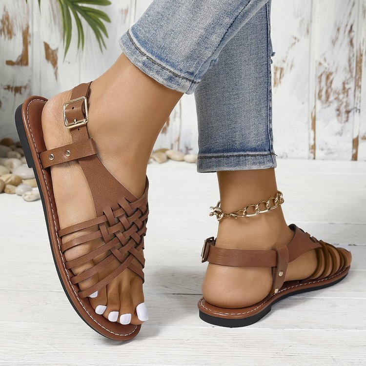Vintage Plain Adjustable Buckle Flat Heel Ankle Strap Sandals