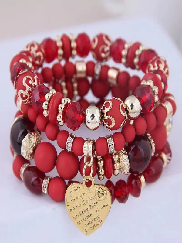 Best-selling Bohemian Alloy Love Pendant Multi-layer Elastic Rope Beaded Bracelet