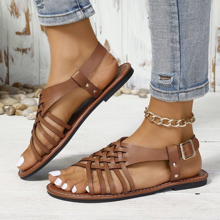 Vintage Plain Adjustable Buckle Flat Heel Ankle Strap Sandals