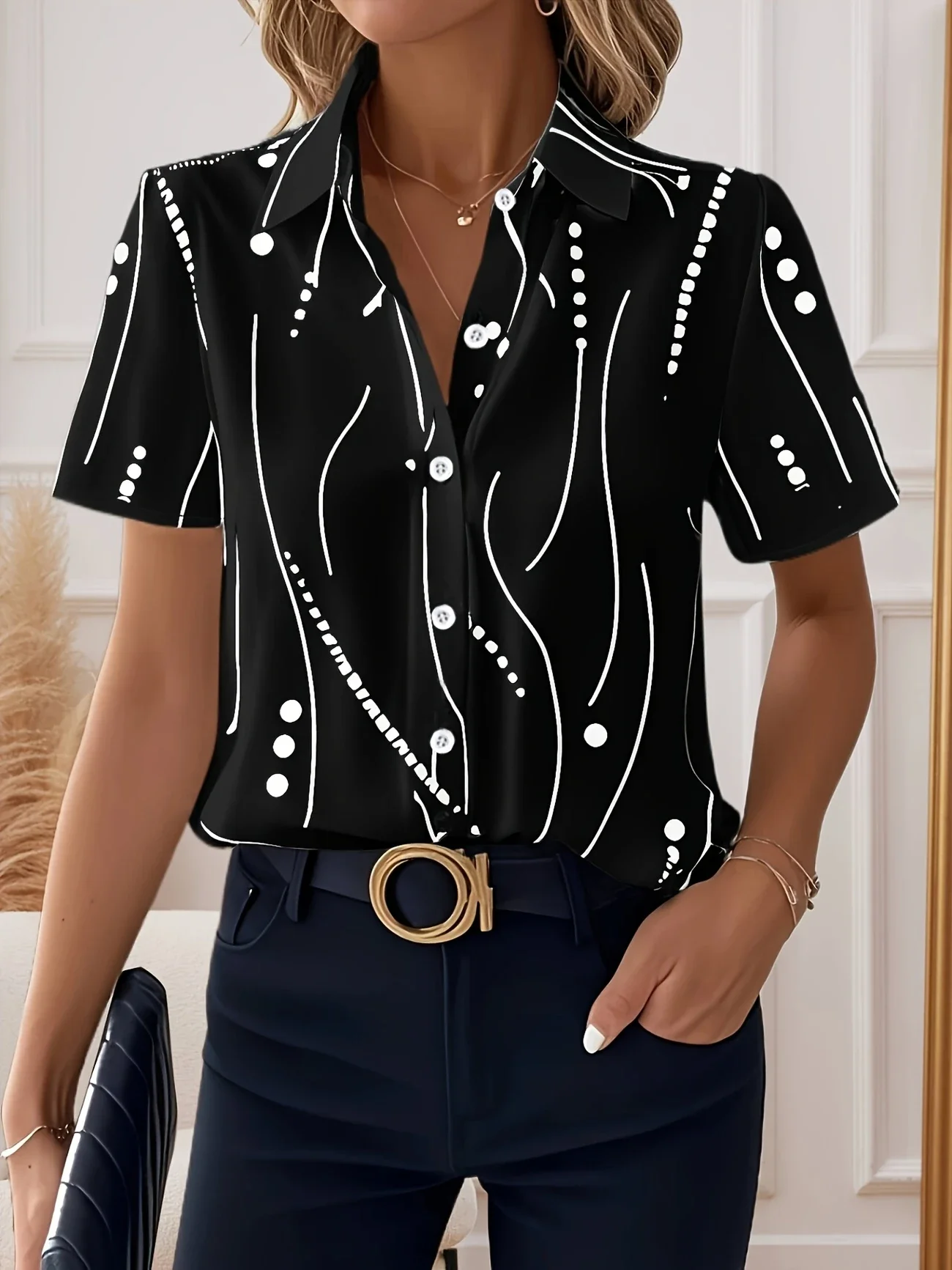 Shirt Collar Short Sleeve Abstract Stripes Printing Regular Micro-Elasticity Loose Button Up Shirt Shirt For Women