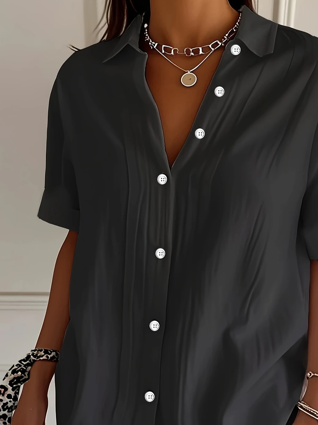 Shirt Collar Short Sleeve Plain Printing Regular Micro-Elasticity Loose Button Up Shirt Shirt For Women