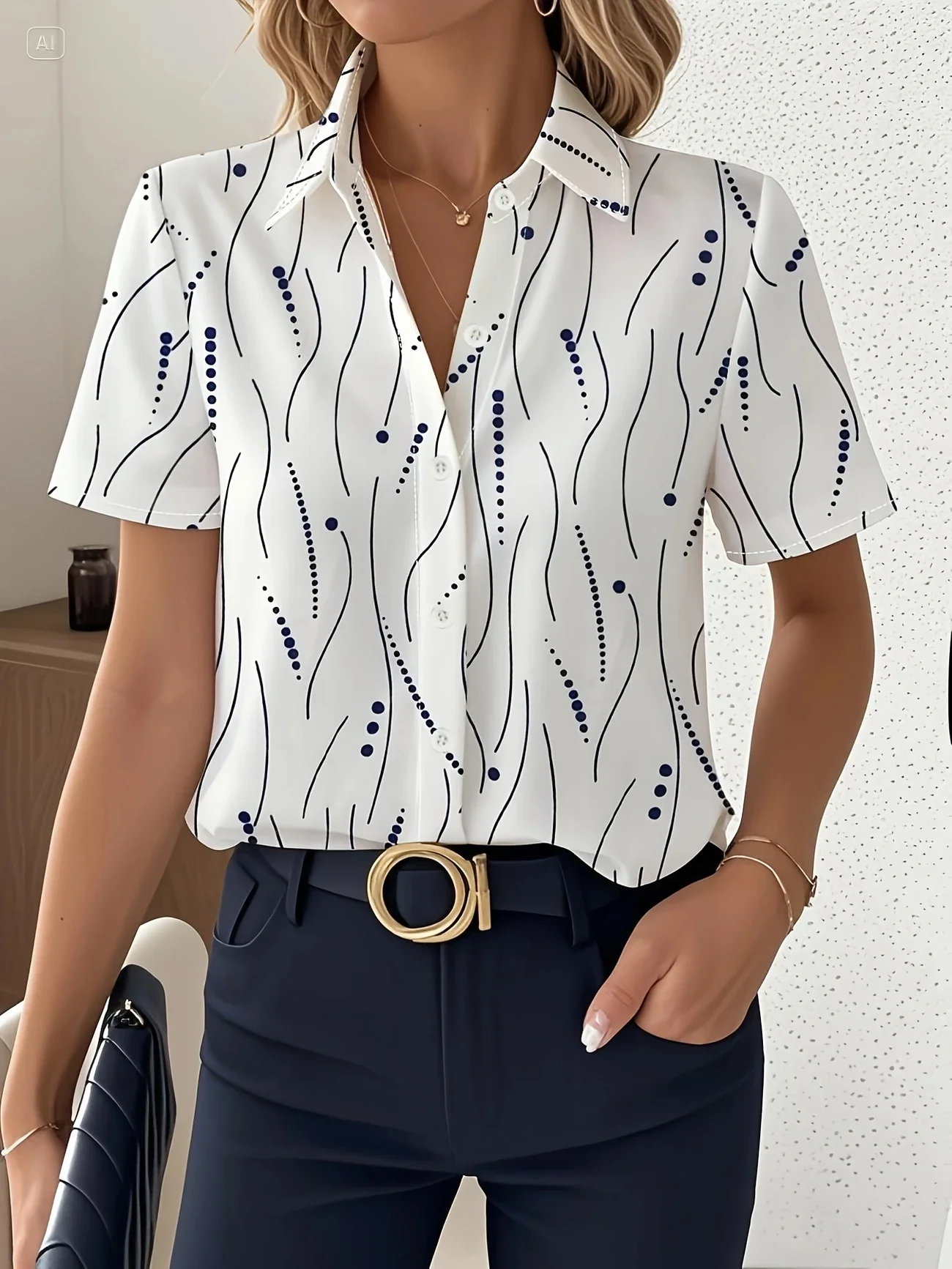 Shirt Collar Short Sleeve Abstract Stripes Printing Regular Micro-Elasticity Loose Button Up Shirt Shirt For Women