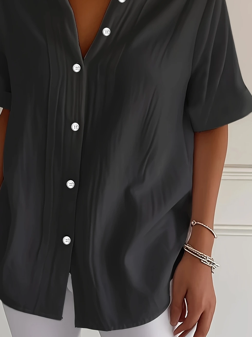 Shirt Collar Short Sleeve Plain Printing Regular Micro-Elasticity Loose Button Up Shirt Shirt For Women