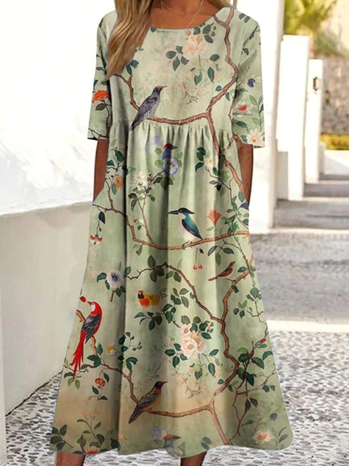 Women Floral Summer Dress Crew Neck Short Sleeve A-Line Dress