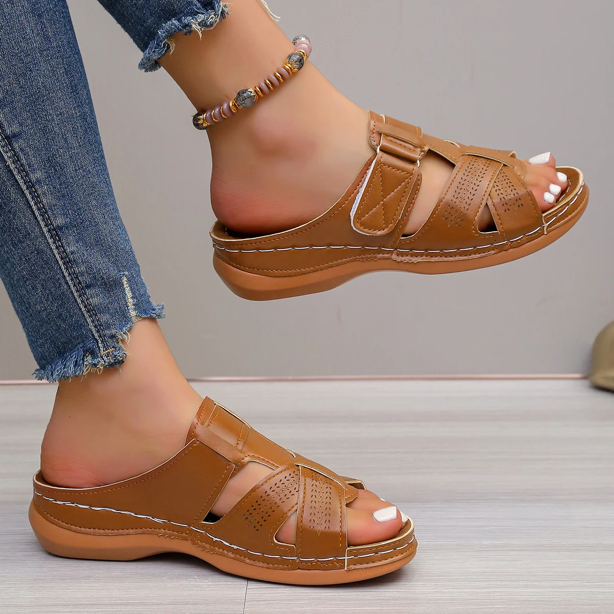 Vintage Plain Slip On Flat Heel Slide Sandals