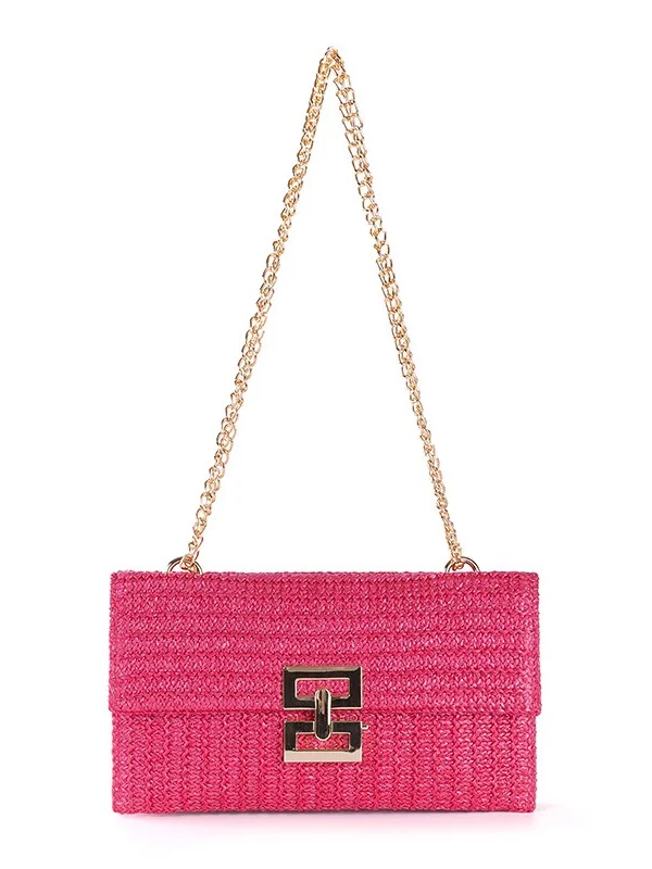 Holiday Style Multi-compartment Metal Chain Flip Cover Twist Lock Straw Bag Shoulder Bag Chain Lock Women Bag