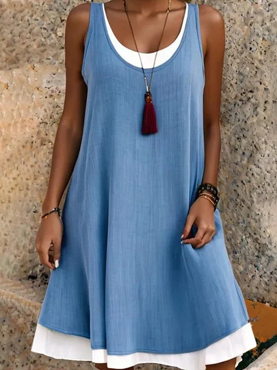 Women Plain Summer Dress Crew Neck Sleeveless Tank X-Line Dress