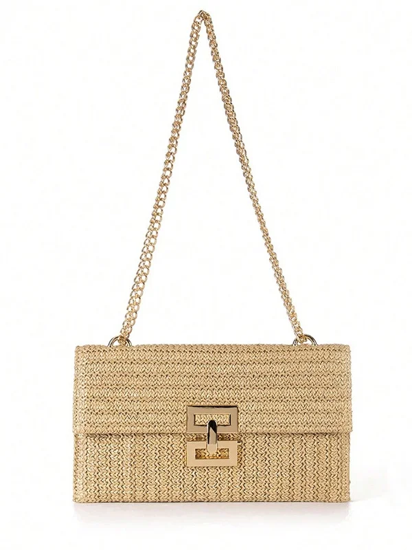 Holiday Style Multi-compartment Metal Chain Flip Cover Twist Lock Straw Bag Shoulder Bag Chain Lock Women Bag