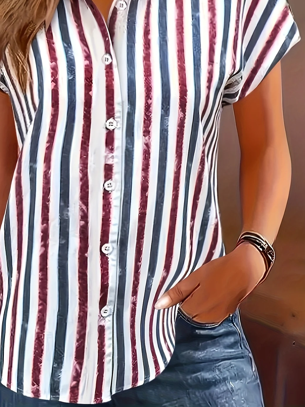 Shirt Collar Short Sleeve Striped Printing Regular Micro-Elasticity Loose Button Up Shirt Shirt For Women