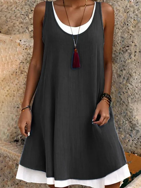 Women Plain Summer Dress Crew Neck Sleeveless Tank X-Line Dress