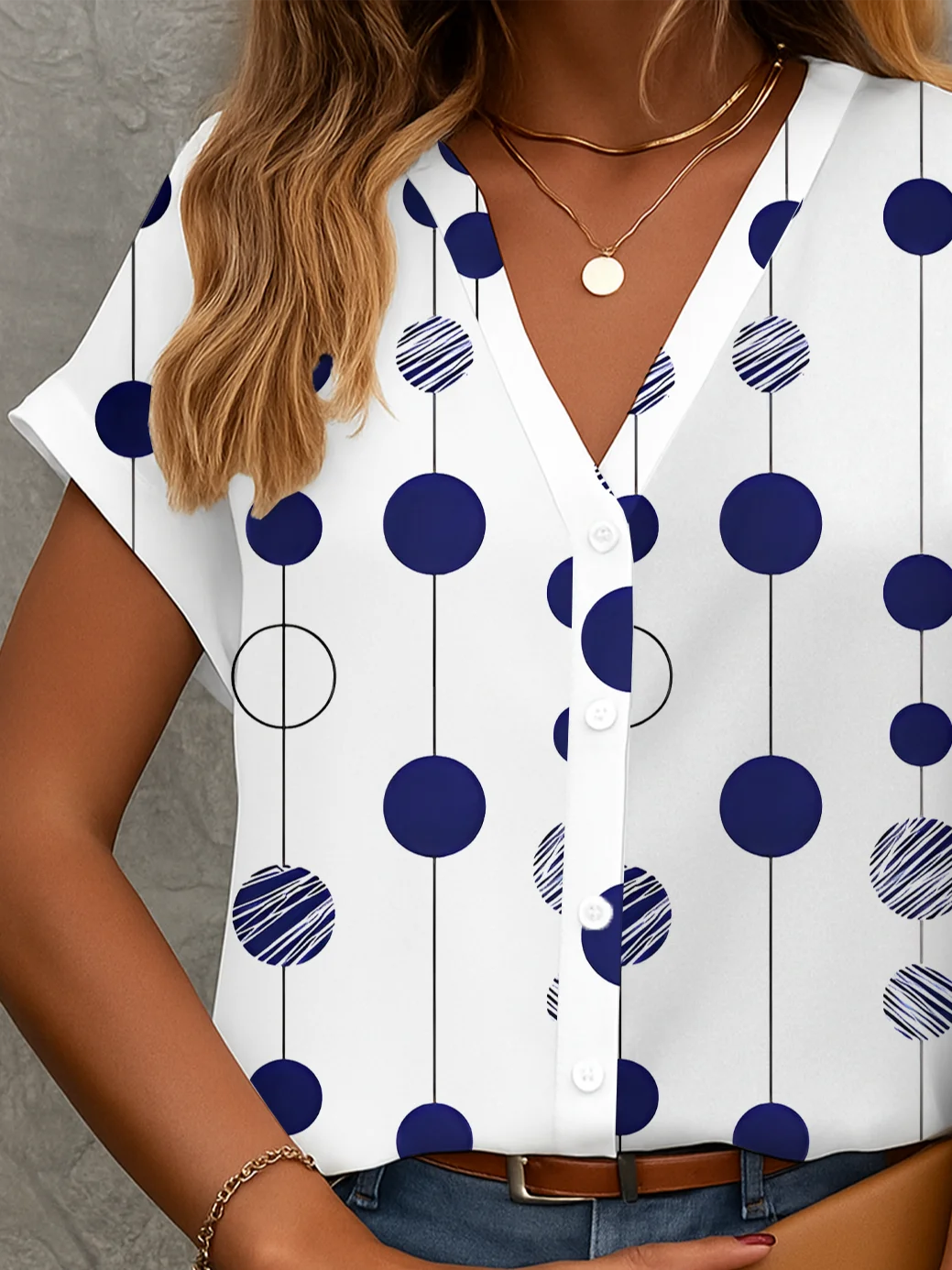 V Neck Short Sleeve Polka Dots Printing Regular Micro-Elasticity Regular Fit Button Up Shirt Shirt For Women
