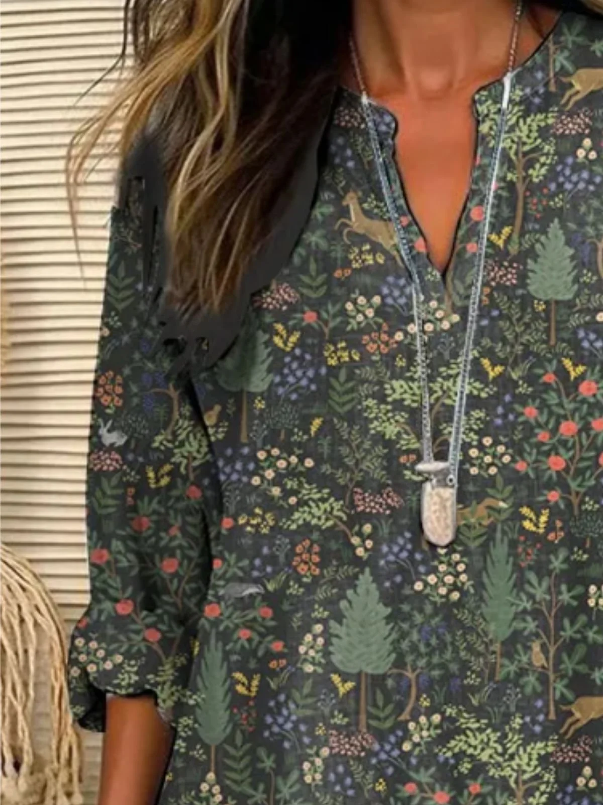 Women's Casual Forest Animal Plant Flower Cotton And Linen Shirt