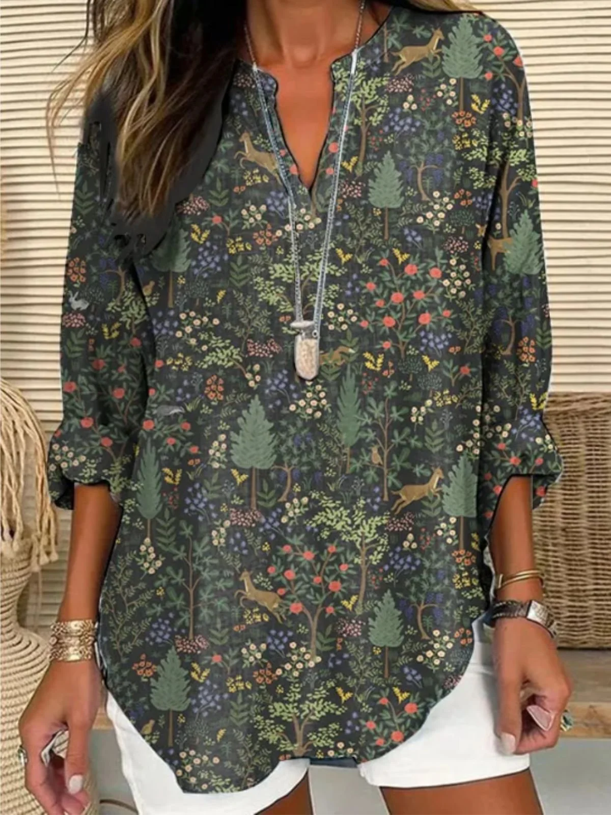 Women's Casual Forest Animal Plant Flower Cotton And Linen Shirt