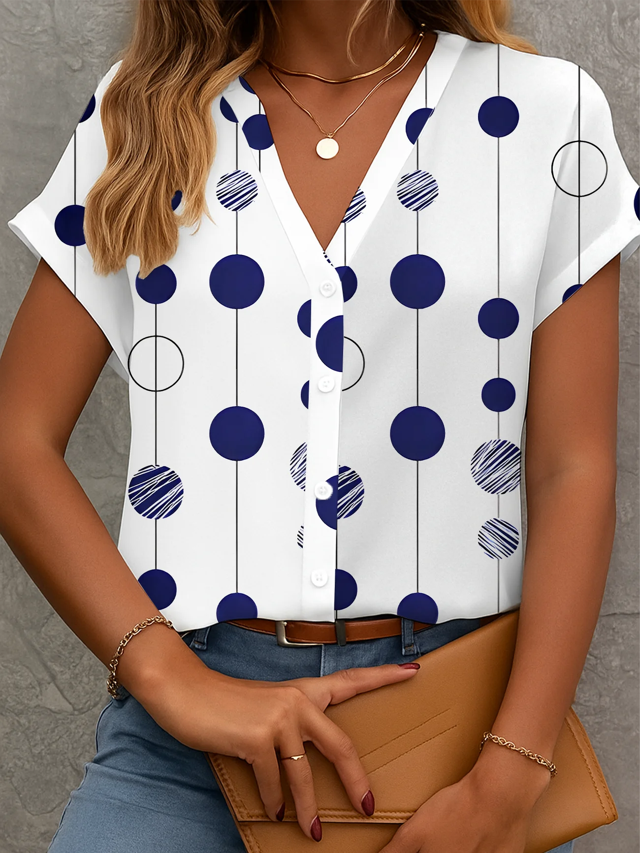 V Neck Short Sleeve Polka Dots Printing Regular Micro-Elasticity Regular Fit Button Up Shirt Shirt For Women