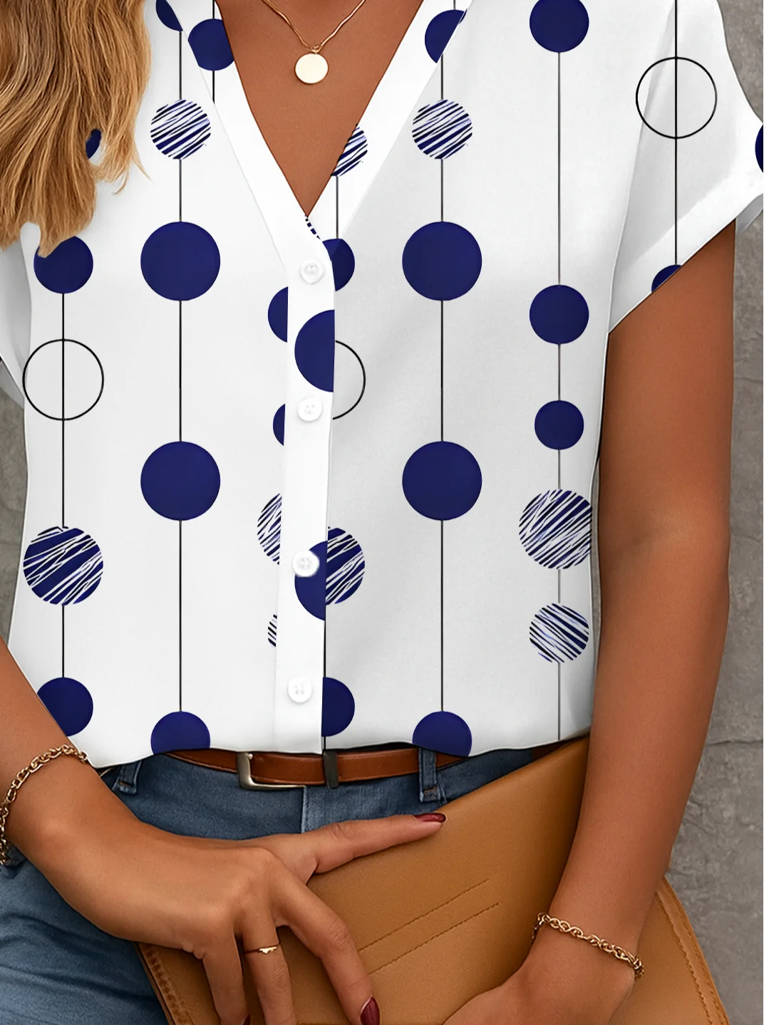 V Neck Short Sleeve Polka Dots Printing Regular Micro-Elasticity Regular Fit Button Up Shirt Shirt For Women